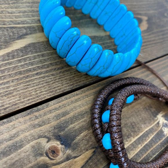 Chunky Turquoise And Leather Bracelet Set - Picture 4 of 8